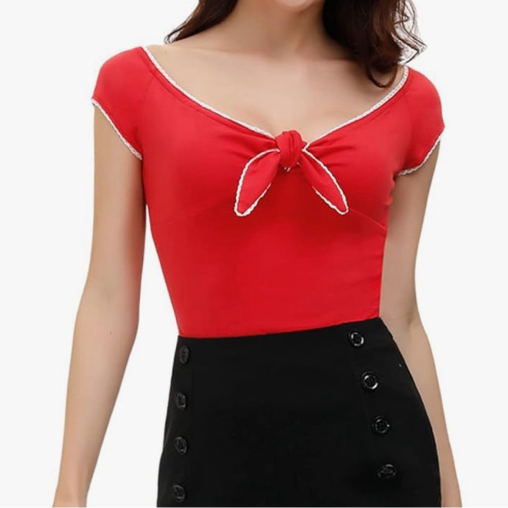 Women's Vintage Short Sleeve Tie Neck Tops Sexy T-Shirts Red Size M